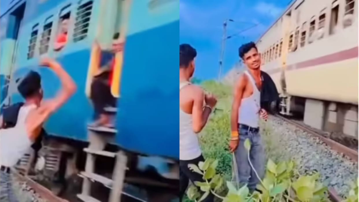 People were sitting at the gate of train person making the reel suddenly started raining sticks Video Viral