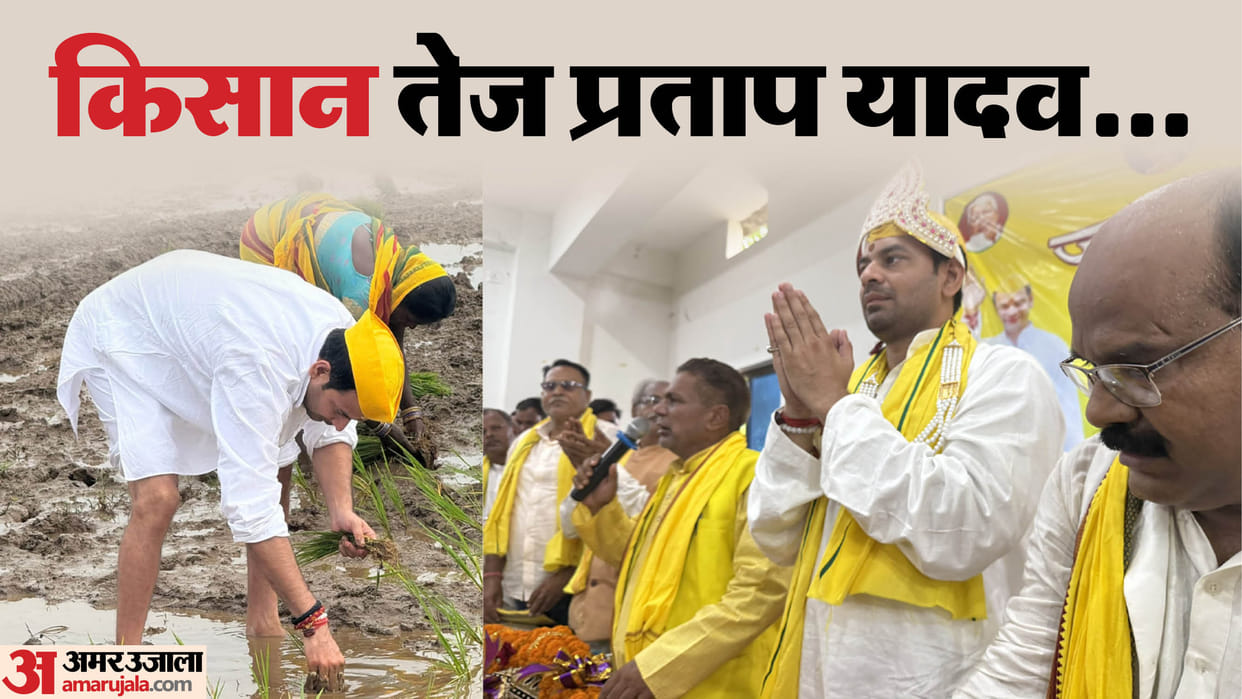 Bihar: Tej Pratap seen planting paddy in the field, Jan Samvad Yatra, Shahpur Assembly, Ara