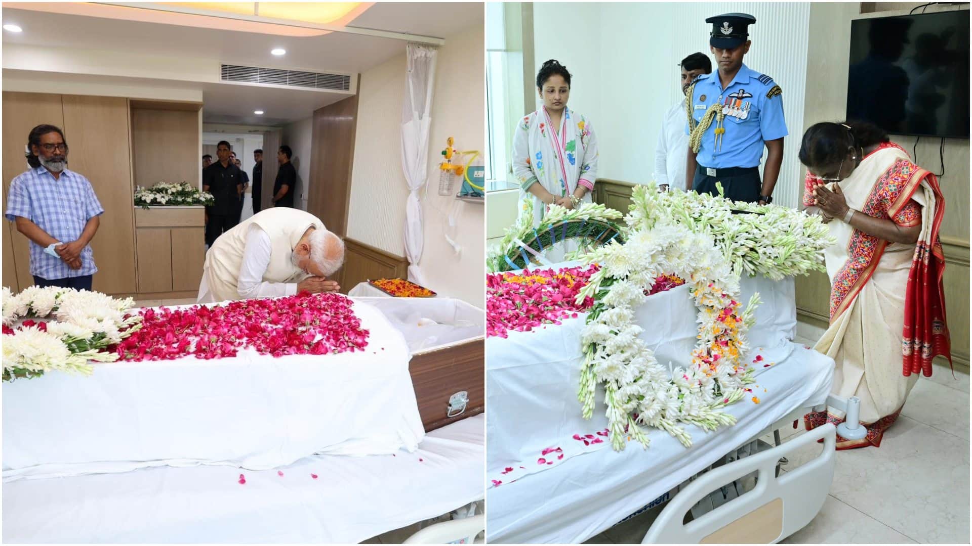 Shibu Soren Passes Away: President Murmu PM Modi paid his last respects consoled Hemant and Kalpana Soren