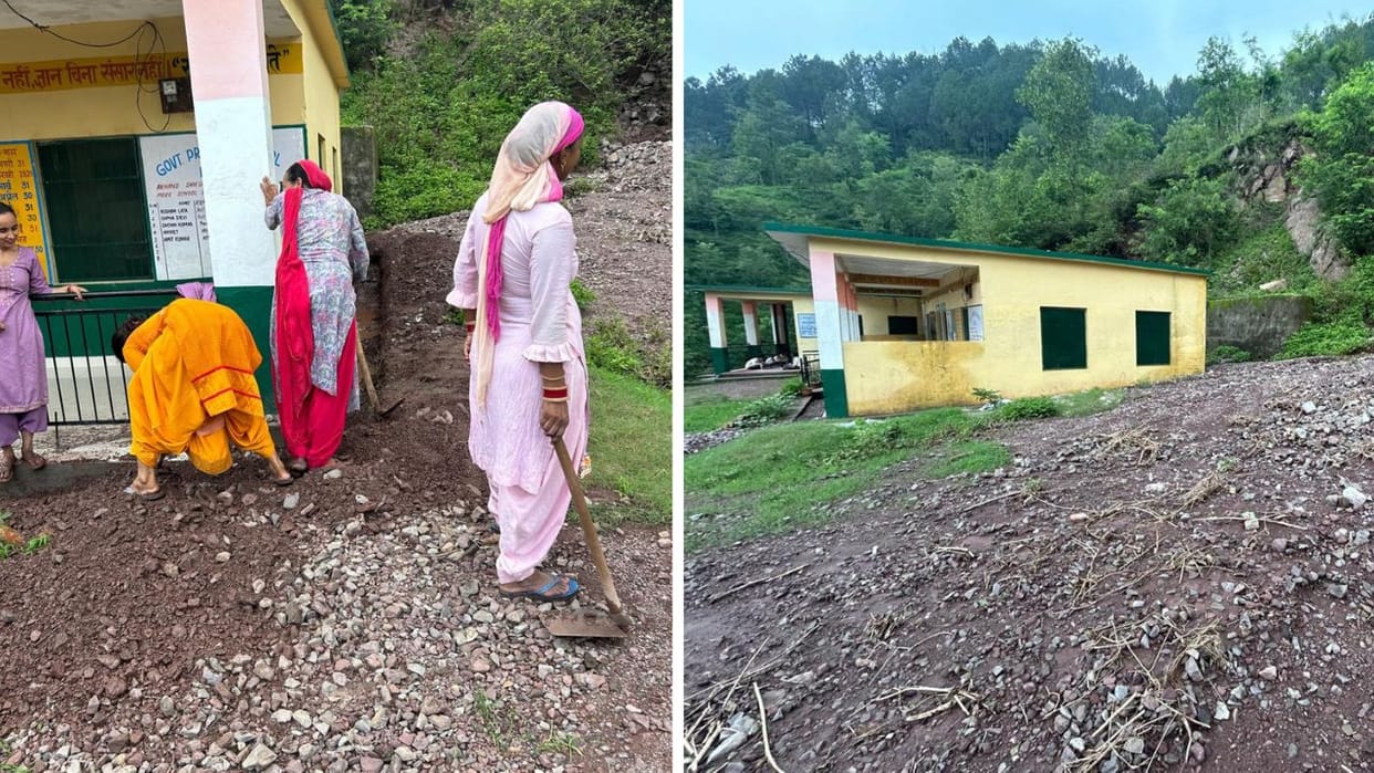 Himachal Building buried under rubbl roof leaking children of Baihna School studying in such an environment