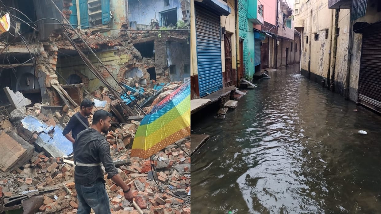 dilapidated house collapsed due to heavy rain waterlogging on the roads in Bareilly