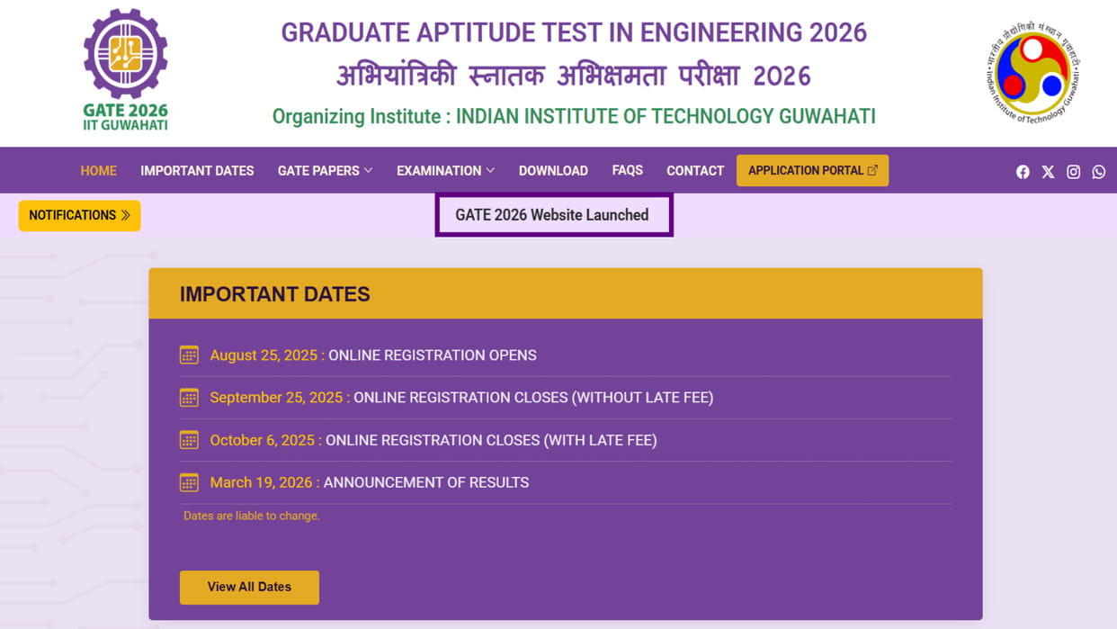 GATE 2026 registrations from August 25; IIT Guwahati launches official website