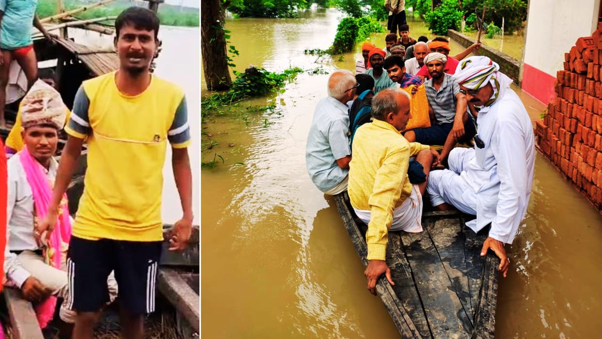 wedding procession on boat in ballia Groom went to fetch bride in flood baraatis gathered without band-baja