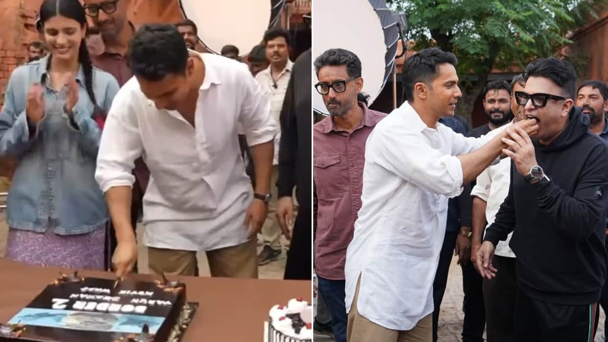 Varun Dhawan wraps his schedule for Border 2 cuts cake along with co star Medha Rana director Anurag Singh