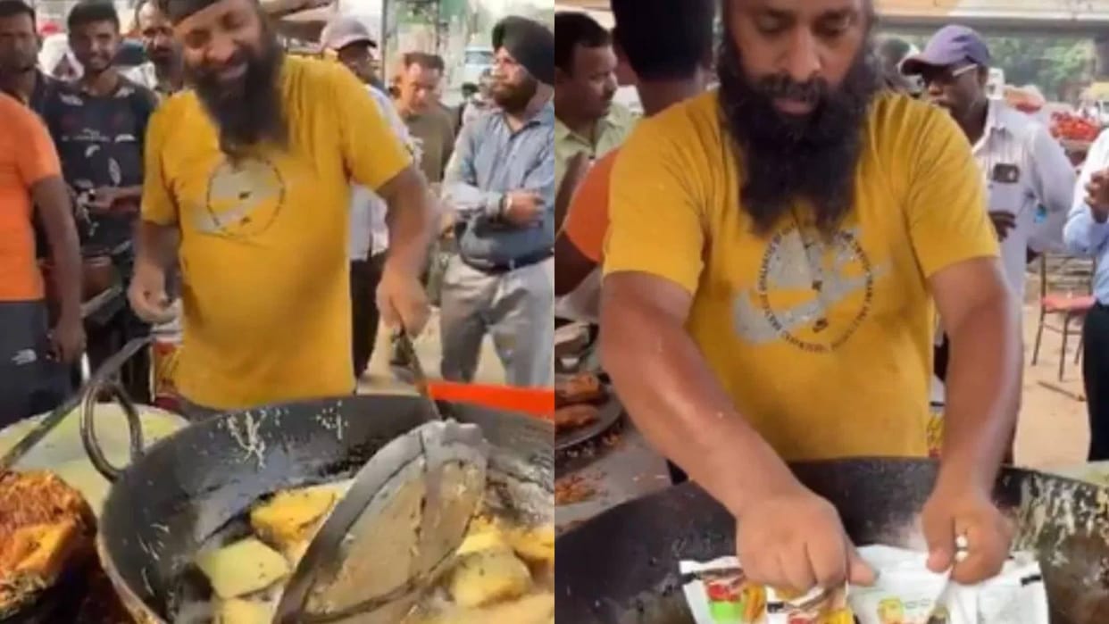 Shopkeeper is serving poison instead of bread pakora he put a packet of oil in a hot pan Video Viral