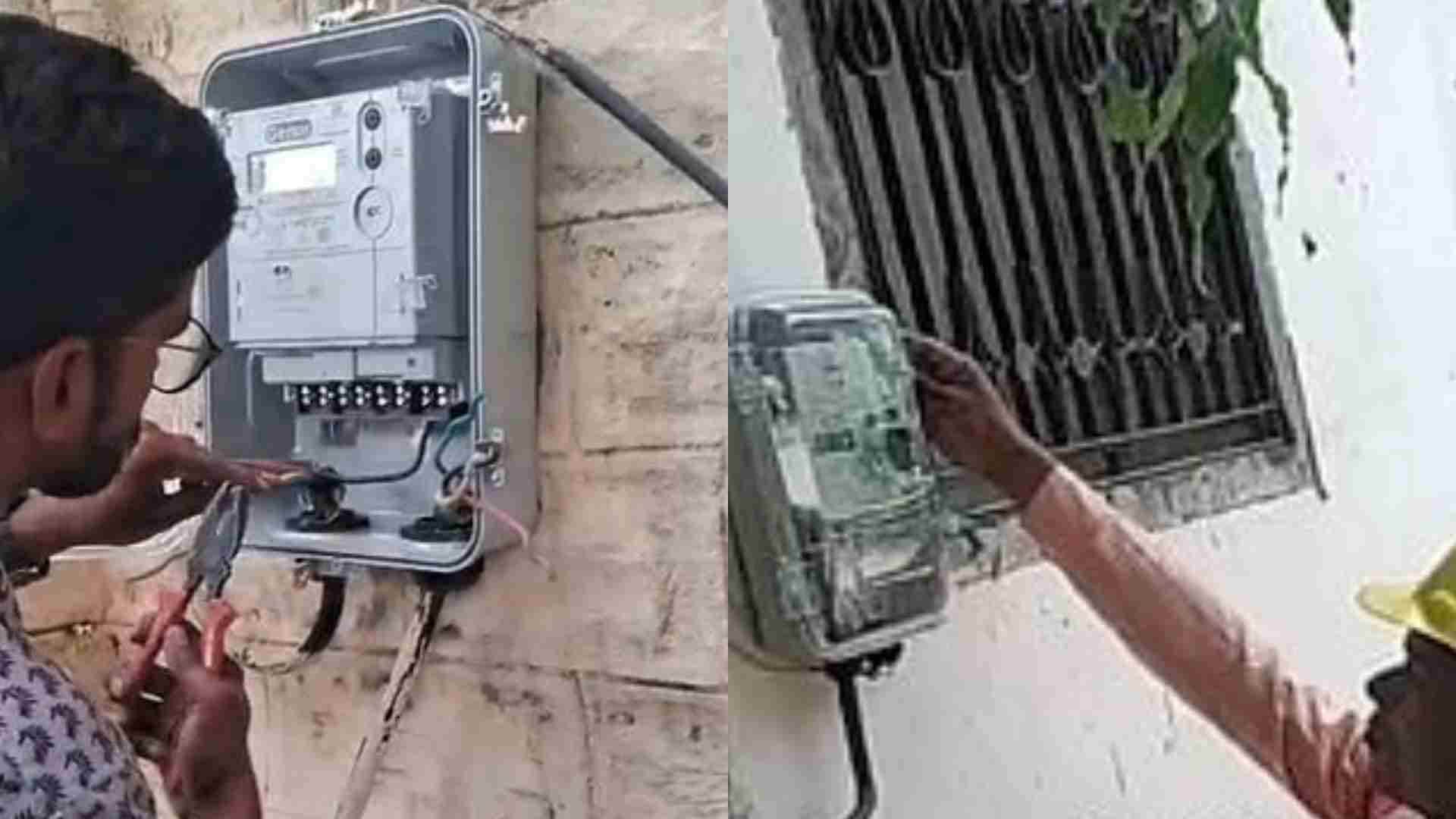 चित्तौड़गढ़ में स्मार्ट मीटर लगाए कार्मिक।