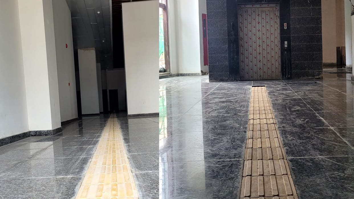 Tactile tiles for visually impaired ramps and wheelchair for differently abled at ropeway station in Varanasi