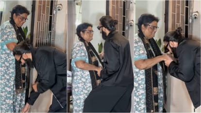Dhurandhar Movie Actor Ranveer Singh touched the feet of an elderly woman chatting warmly Video Goes Viral