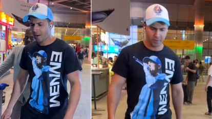 After Wrap up Border 2 Shoot Varun Dhawan at mumbai airport wear american rapper and songwriter Eminem T Shirt