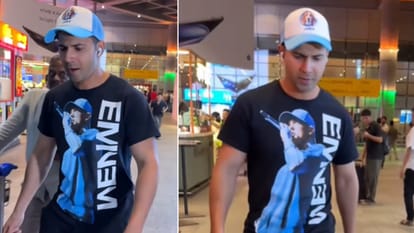 After Wrap up Border 2 Shoot Varun Dhawan at mumbai airport wear american rapper and songwriter Eminem T Shirt