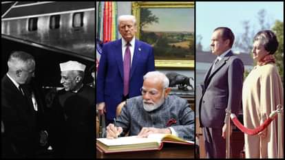 हैरी ट्रूमैन के साथ पंडित नेहरु, डोनाल्ड ट्रंप के साथ PM मोदी और रिचर्ड निक्सन-इंदिरा गांधी। (L-R)