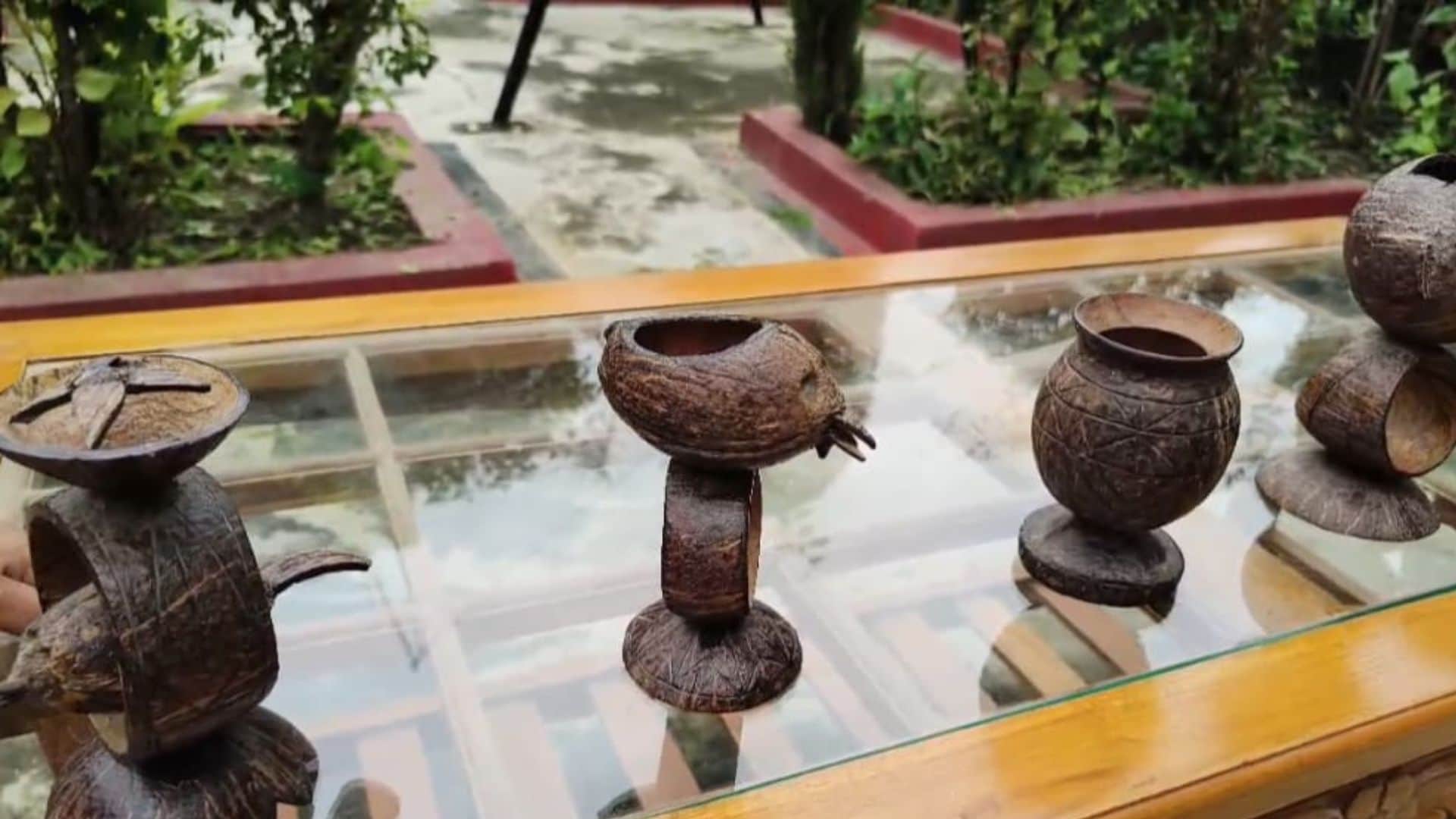 Maihar Temple Worker Creates Unique Coconut Shell Art with Hand Tools, Promotes Eco-Conservation