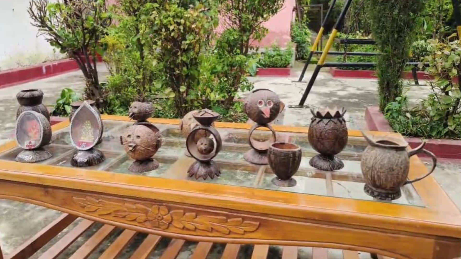 Maihar Temple Worker Creates Unique Coconut Shell Art with Hand Tools, Promotes Eco-Conservation