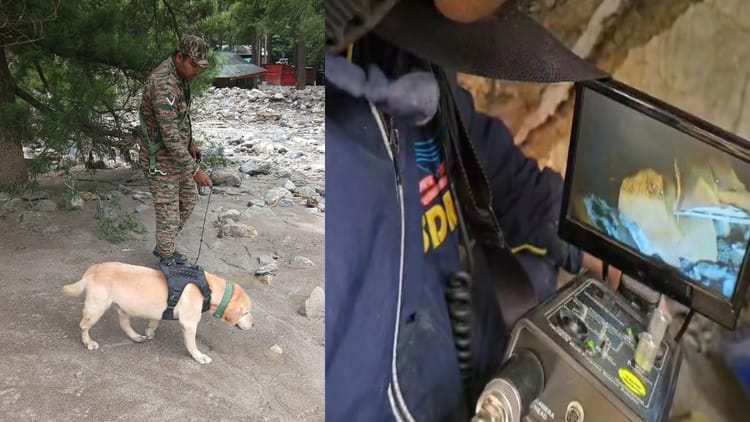 धराली में जिंदगी की तलाश: NDRF ने पहली बार उतारे शव खोजी डॉग, SDRF कर रही विक्टिम लोकेटिंग कैमरे का इस्तेमाल