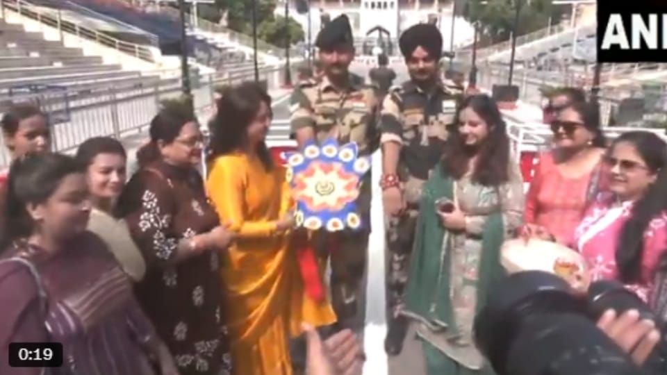 Women tie rakhi to BSF Jawans on occasion of Raksha Bandhan at Attari Wagah border