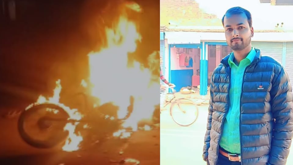 high speed bike caught fire riders were burnt to ashes one rider burnt alive another one injured in lakhimpur