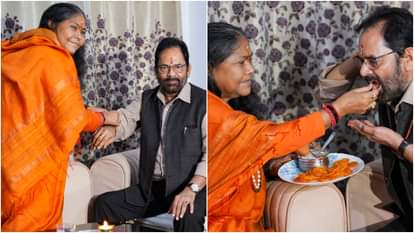 पूर्व राज्य मंत्री साध्वी निरंजन ज्योति ने भाजपा नेता मुख्तार अब्बास नकवी को राखी बांधी।