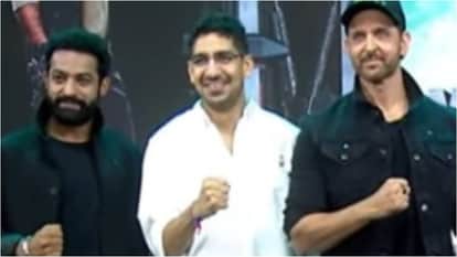 Hrithik Roshan and Jr NTR during Movie War 2 grand Pre Release event in Hyderabad