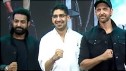Hrithik Roshan and Jr NTR during Movie War 2 grand Pre Release event in Hyderabad