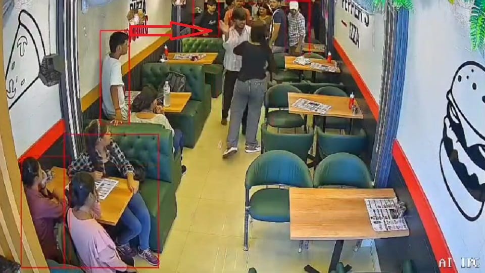 girl eating pizza with her friend in a cafe brother beat them both up badly