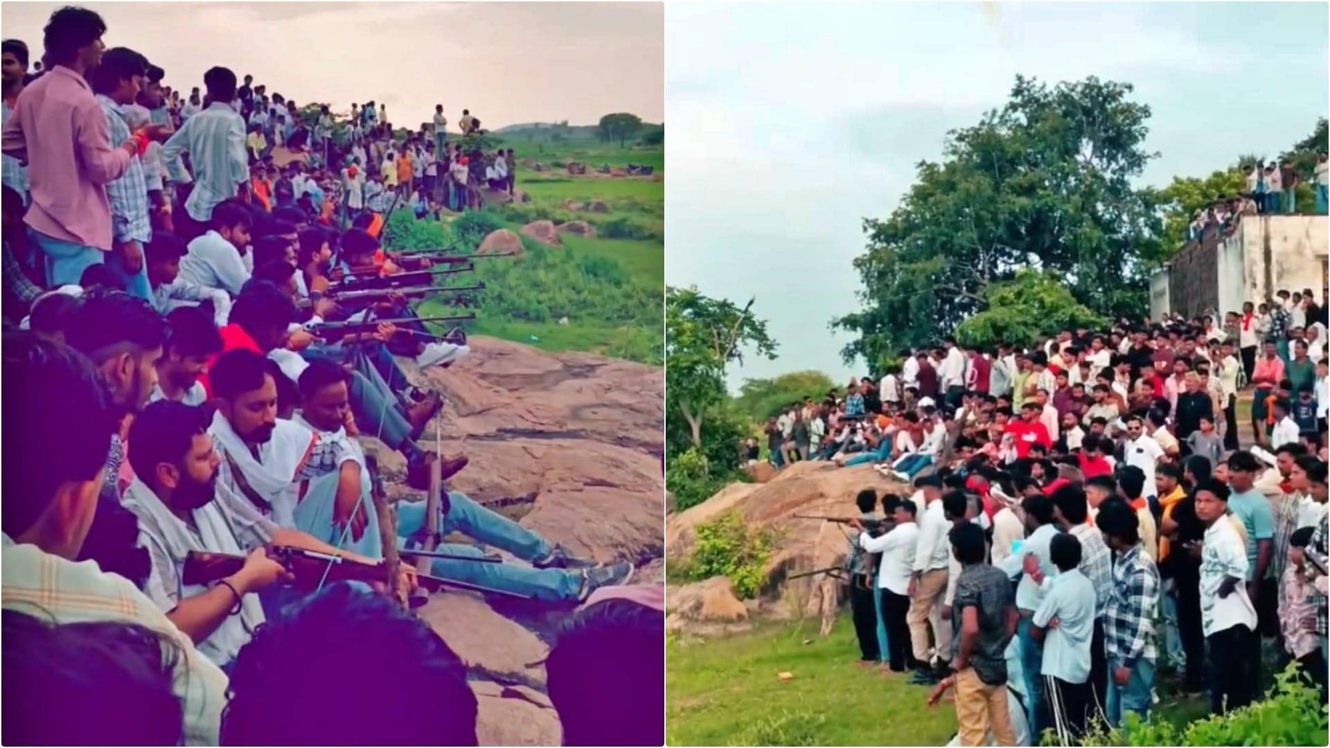 तालाब किनारे बंदूकों से फायरिंग करते लोग
