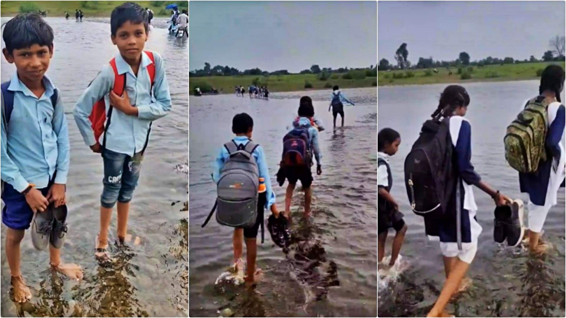 जान जोखिम में डालकर नदी पार कर स्कूल जाते बच्चे