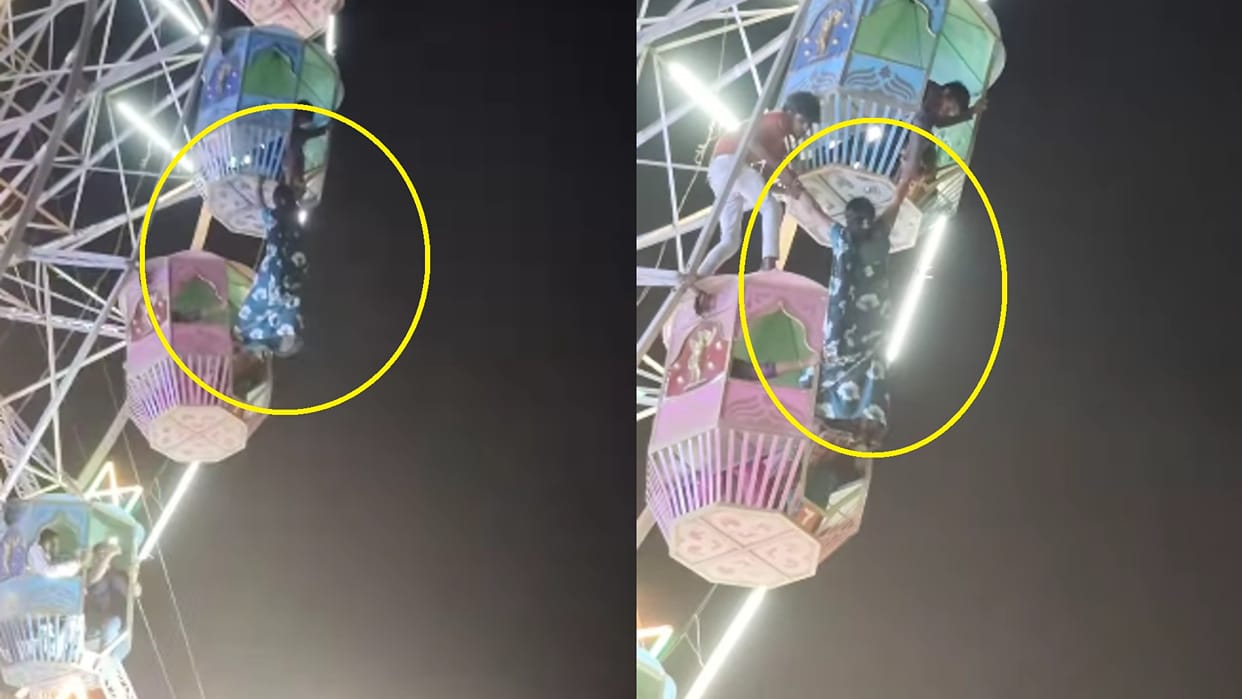 Woman Hanging On Giant Wheel About To Fall Guy Save Her While Risking His Life Bravery Video Goes Viral