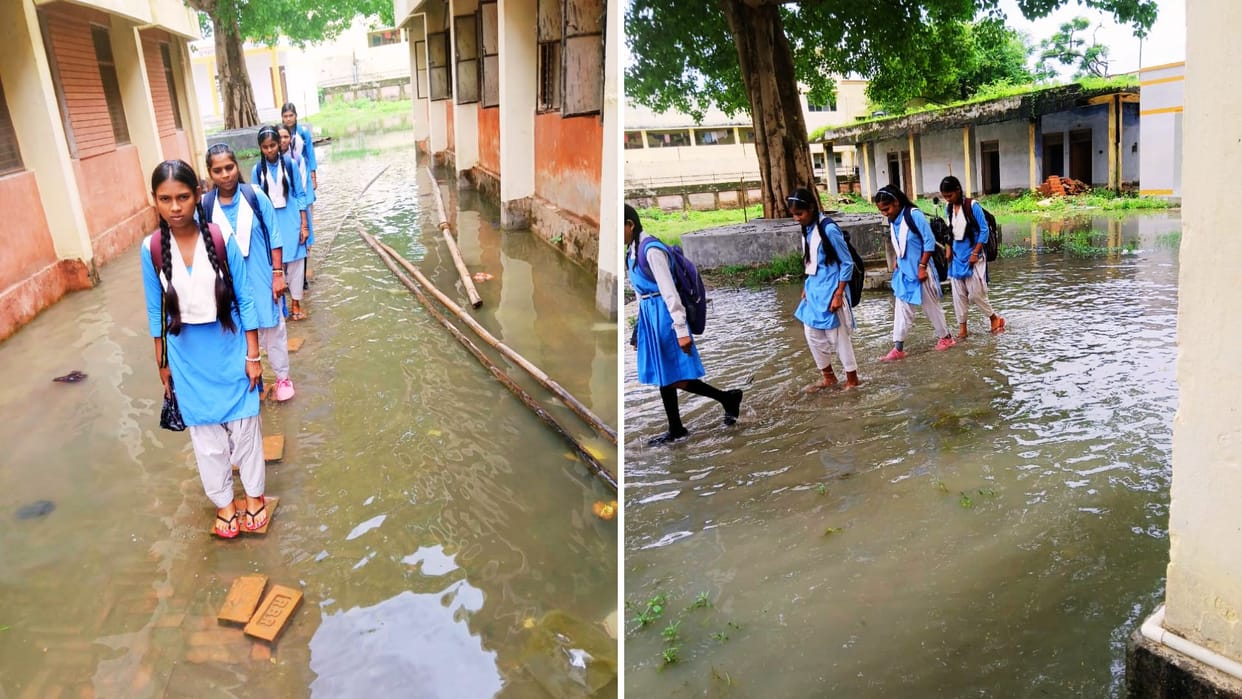 Girls going through dirty water in temple of education trouble in GGIC campus foul smell and risk of infection