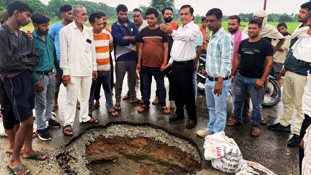 Road of under-construction Greenfield Expressway caved in during rain cyclist fell and got injured
