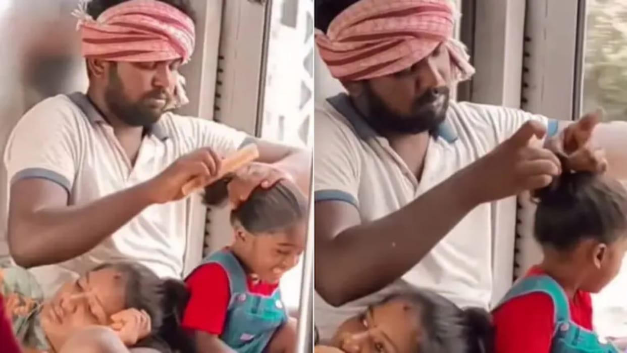A father making his daughters braid his wife was sleeping in his lap on the floor of the train Video Viral