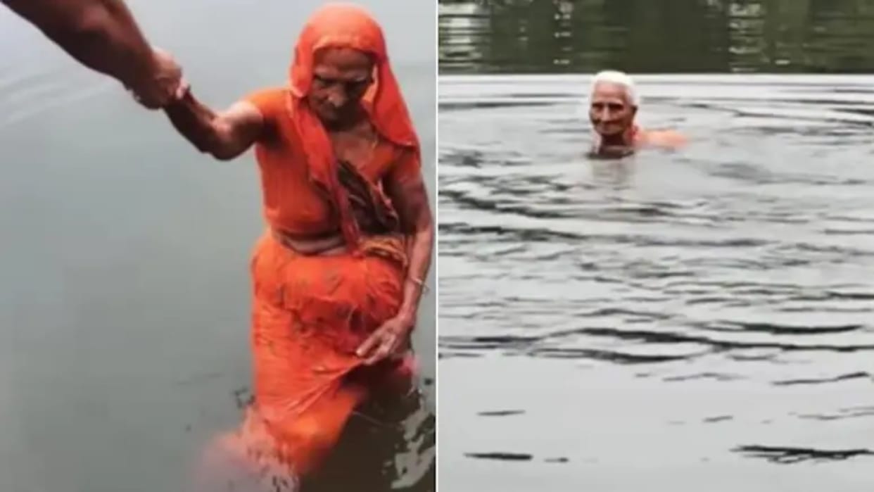 105 year old grandmother shows agility like a mermaid in water surprises everyone by swimming Video Viral
