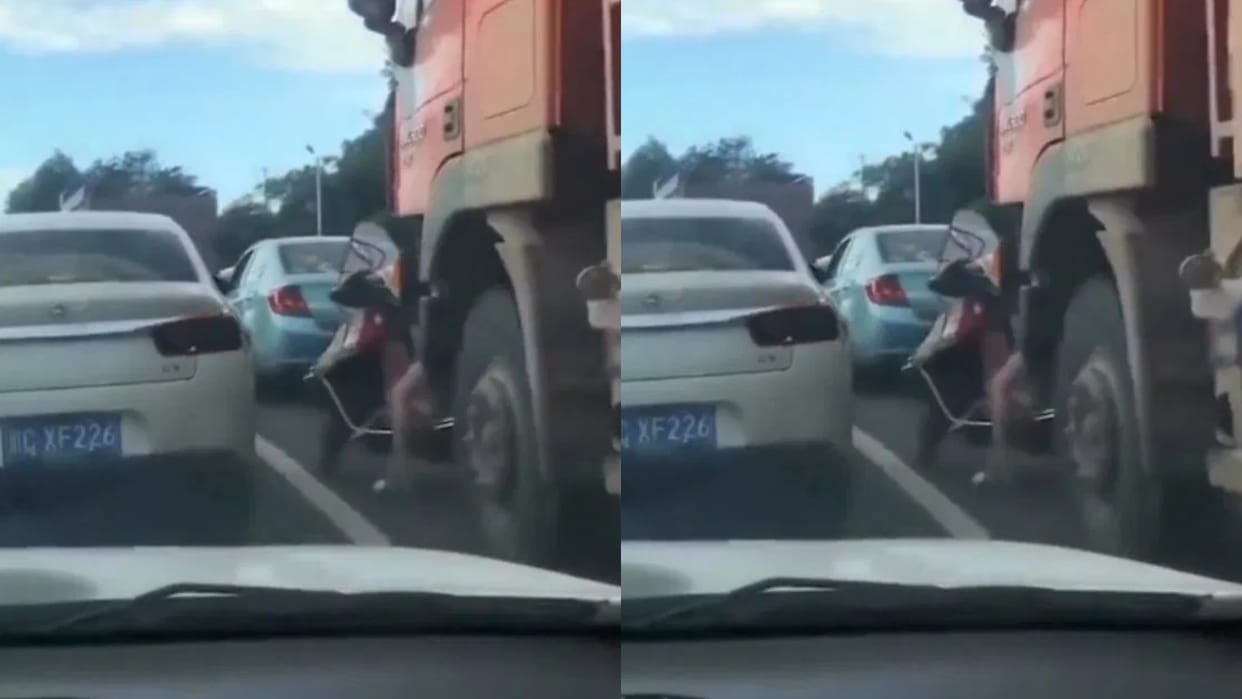A girl riding a scooter suddenly came under a truck, people thought she had lost her life Video Viral