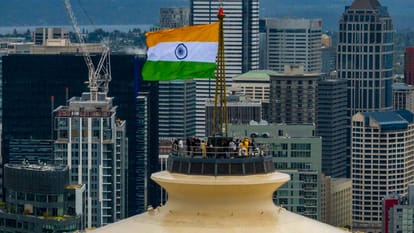 79th Independence Day celebrated in many cities of America flag hoisting on Seattle's Space Needle