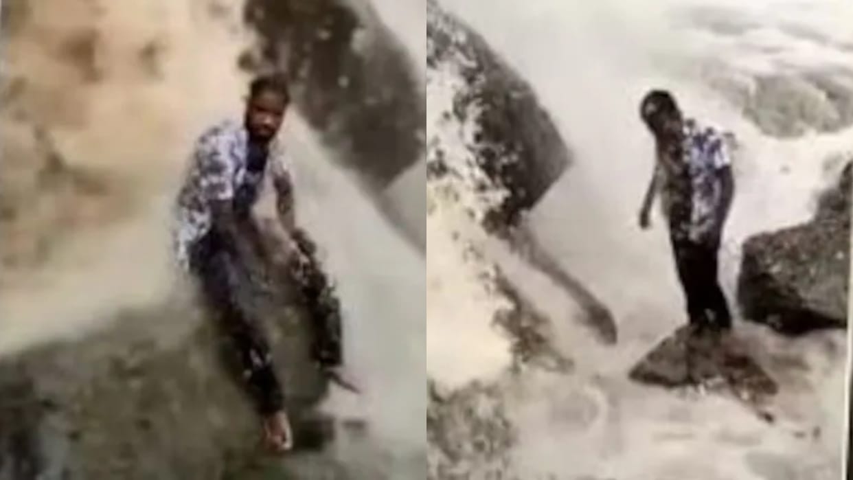Taking risk for the reel proved costly young man got swept away in the river while posing at the waterfall