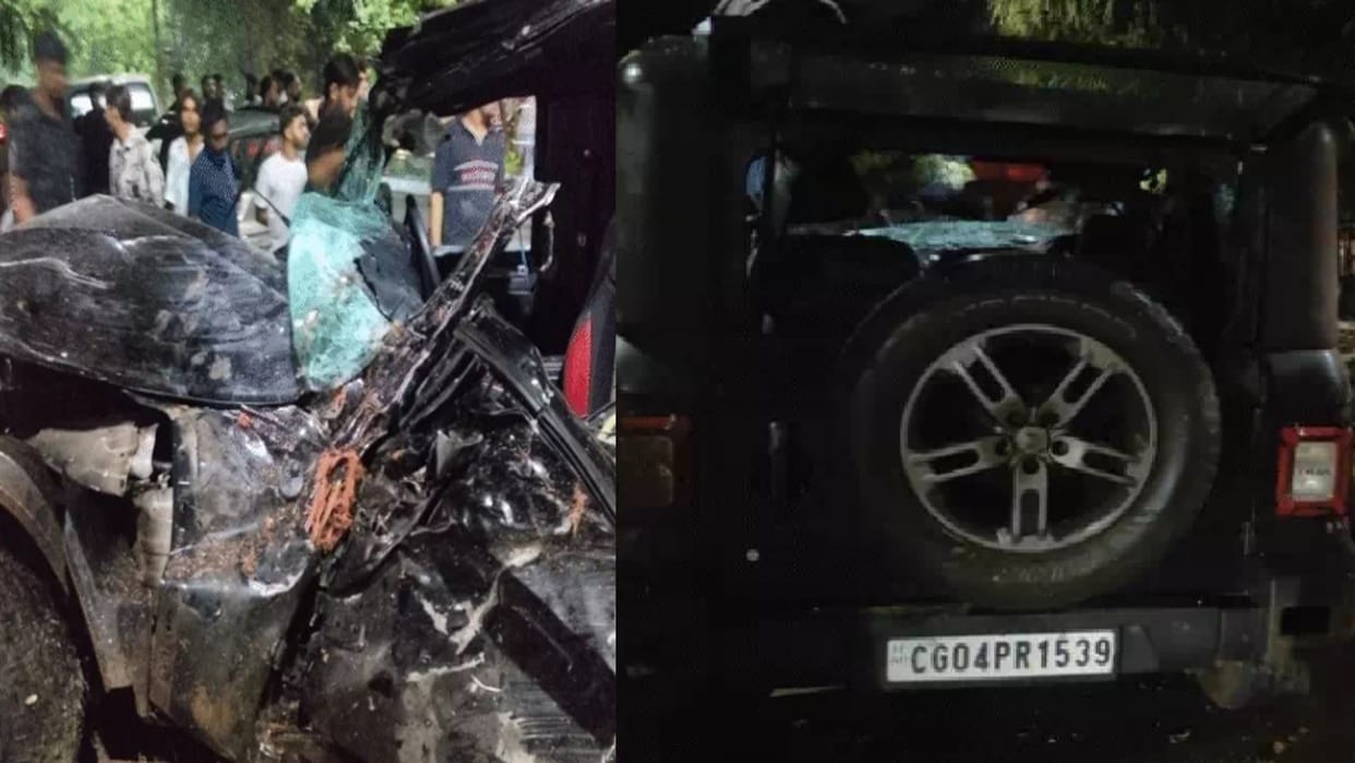 Horrible accident on VIP road of Raipur, high speed Thar collided with tree, two youths seriously injured