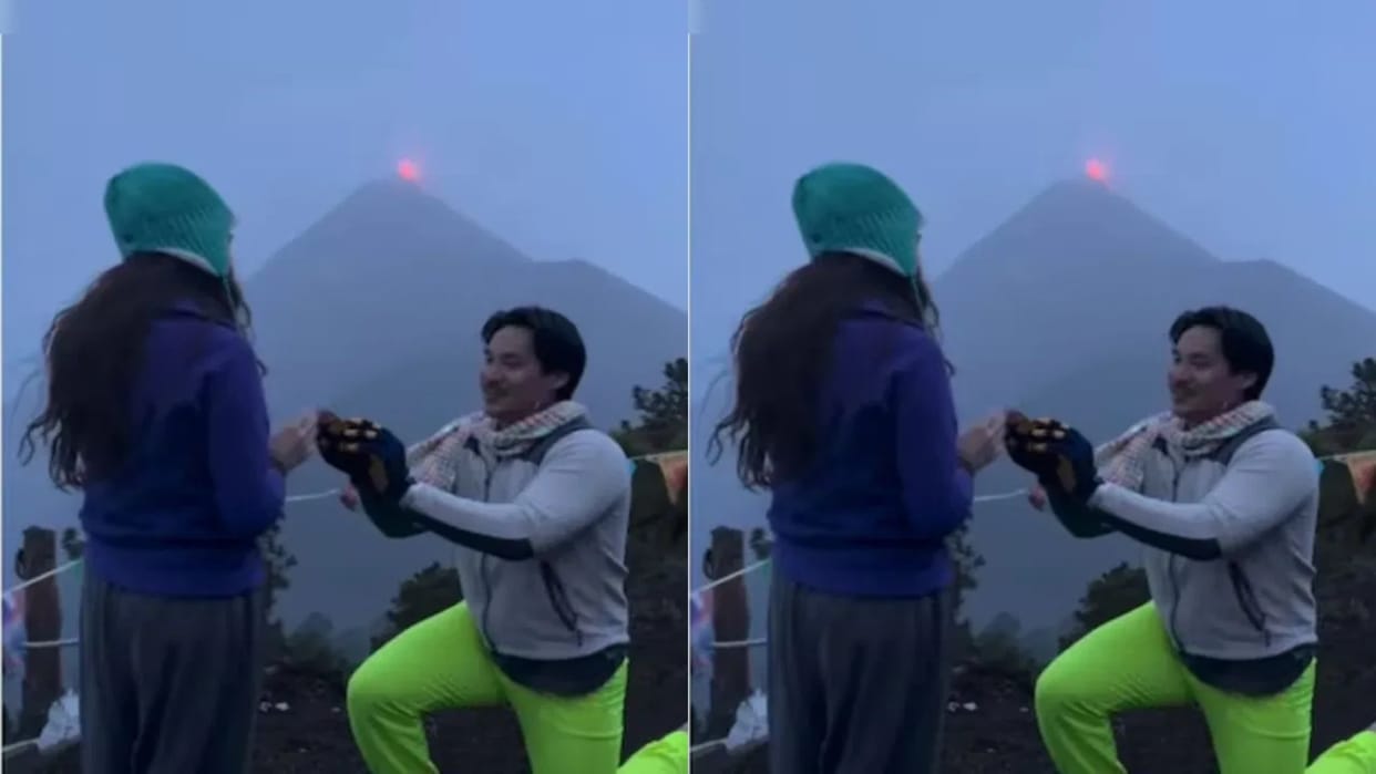 A boy got down on his knees to propose his girlfriend just then a volcano erupted Video goes Viral