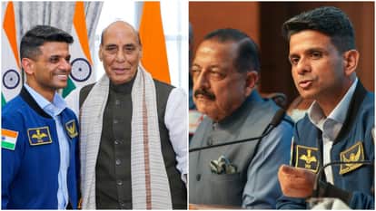 रक्षा मंत्री राजनाथ सिंह और मंत्री जितेंद्र सिंह के साथ अंतरिक्ष यात्री शुभांशु शुक्ला।