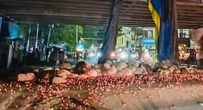 Kanpur Truck collided with divider on flyover onion sacks fell down driver injured admitted to hospital