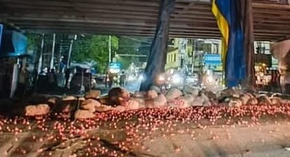 Kanpur Truck collided with divider on flyover onion sacks fell down driver injured admitted to hospital