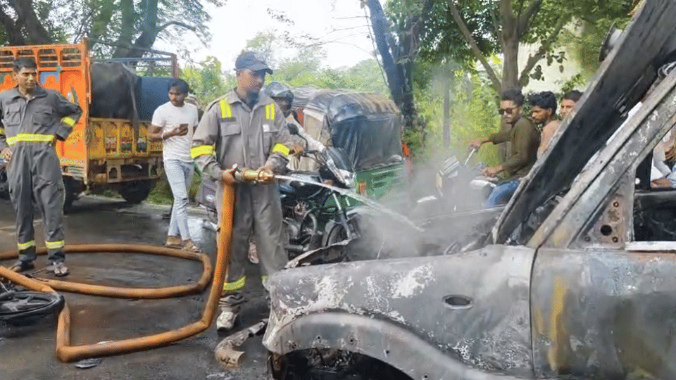Car and bike collide, both vehicles catch fire