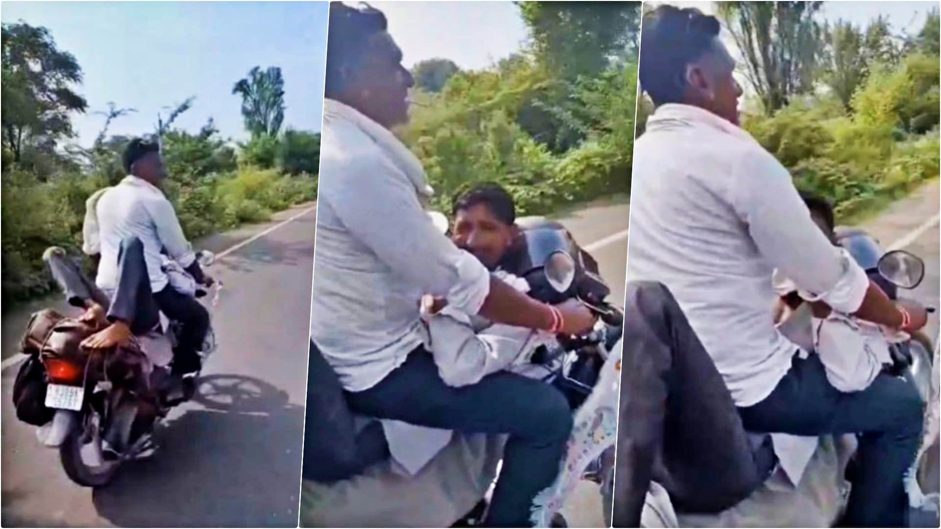 लेटे युवक के ऊपर बैठकर बाइक चलाता युवक (वायरल वीडियो के स्क्रीनग्रैब)