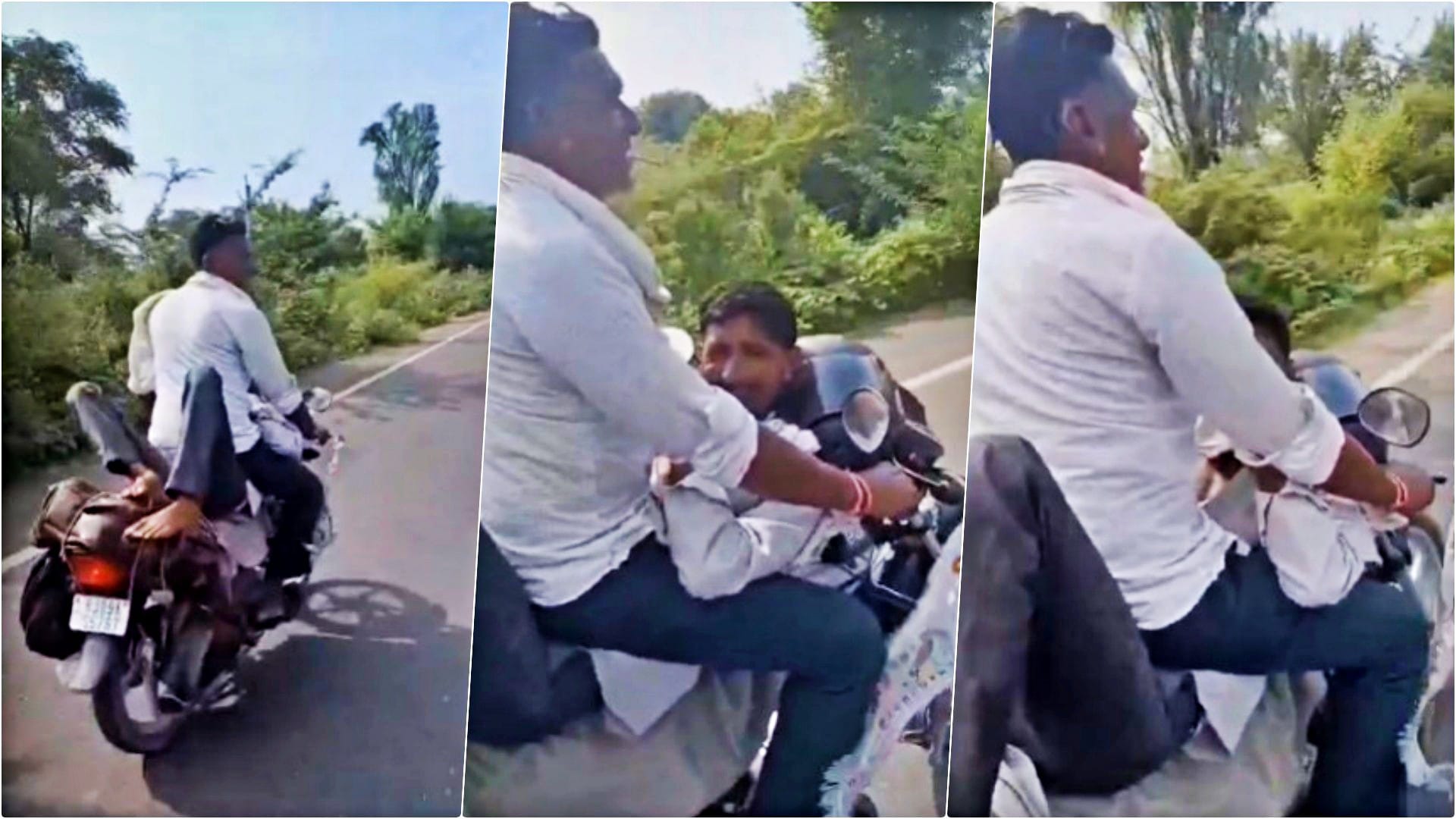 लेटे युवक के ऊपर बैठकर बाइक चलाता युवक (वायरल वीडियो के स्क्रीनग्रैब)