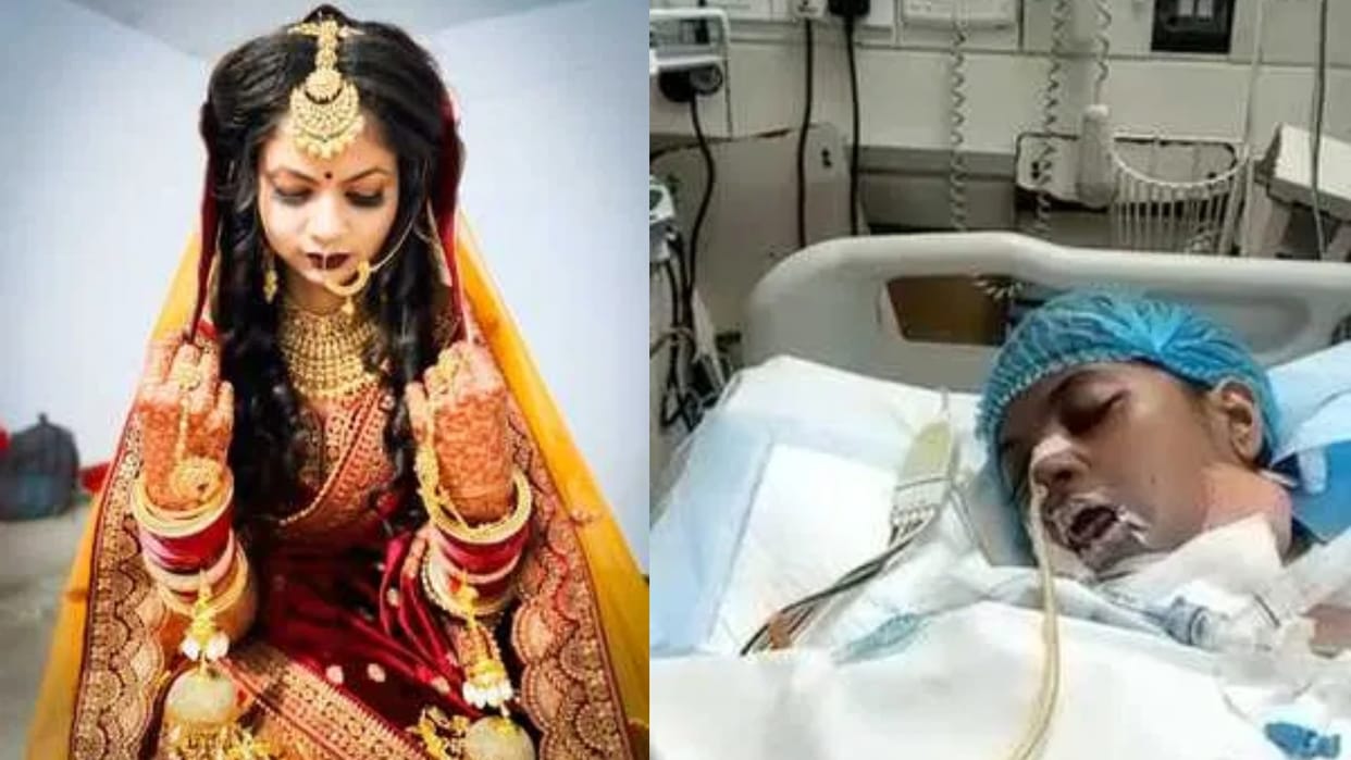Burned body with tongs, beat with sticks, then husband, mother-in-law and father-in-law together poisoned