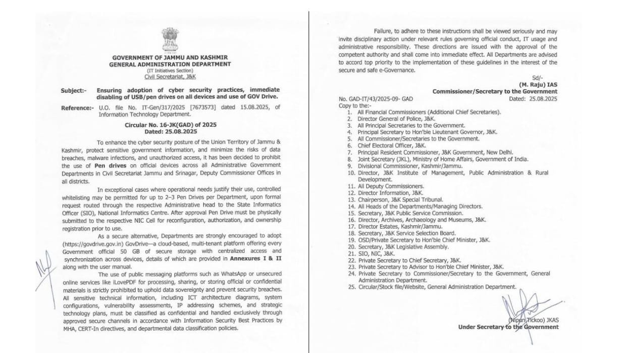 J&K: Ban on pen drives in government offices, use GOV Drive, new directive from Jammu and Kashmir government