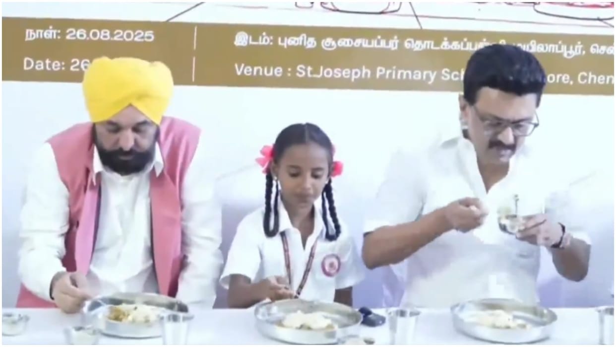 Marking launch of breakfast scheme expansion CMs Stalin Mann have food along with children in Chennai