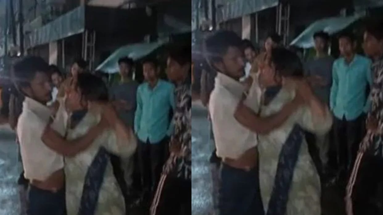 Wife beats her husband in the dark of night chases him on the road and beats him says he was running away