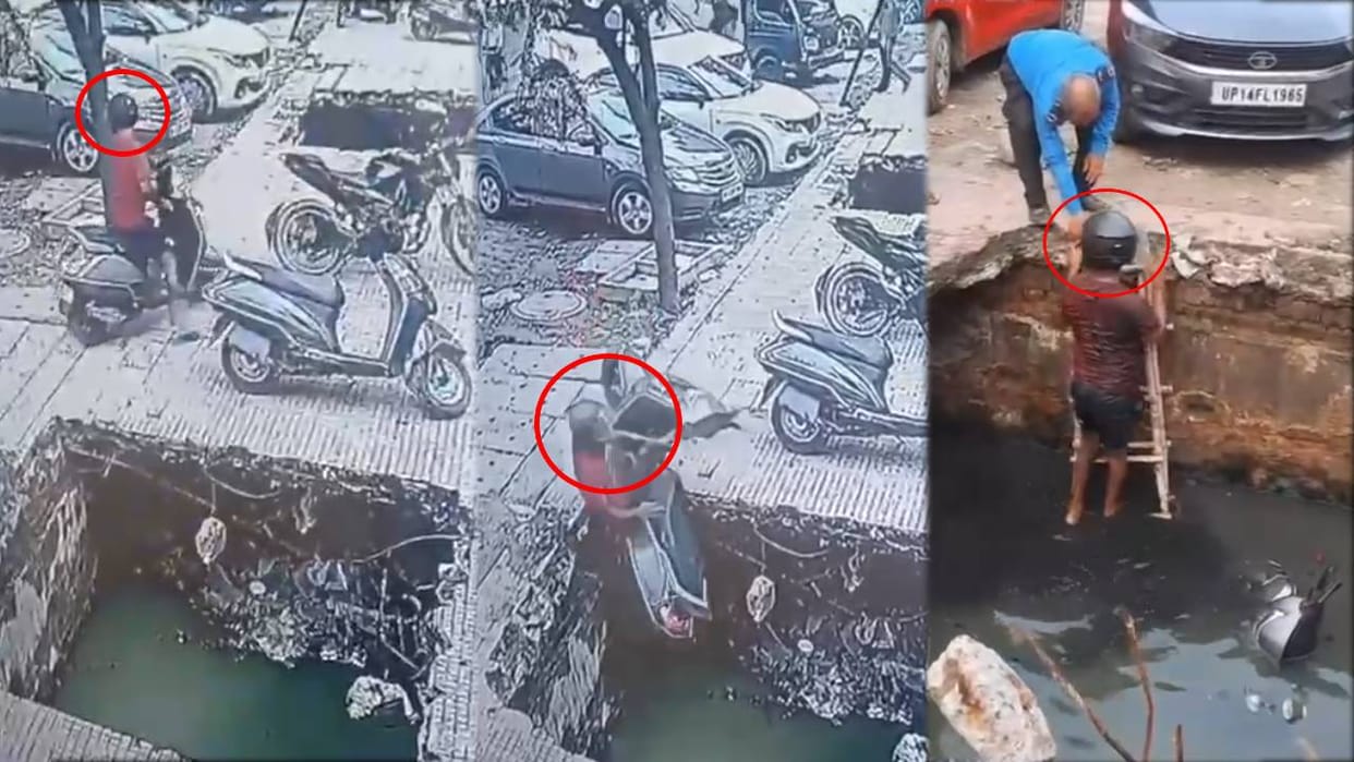 man fell into drain while backing his scooty in Indirapuram