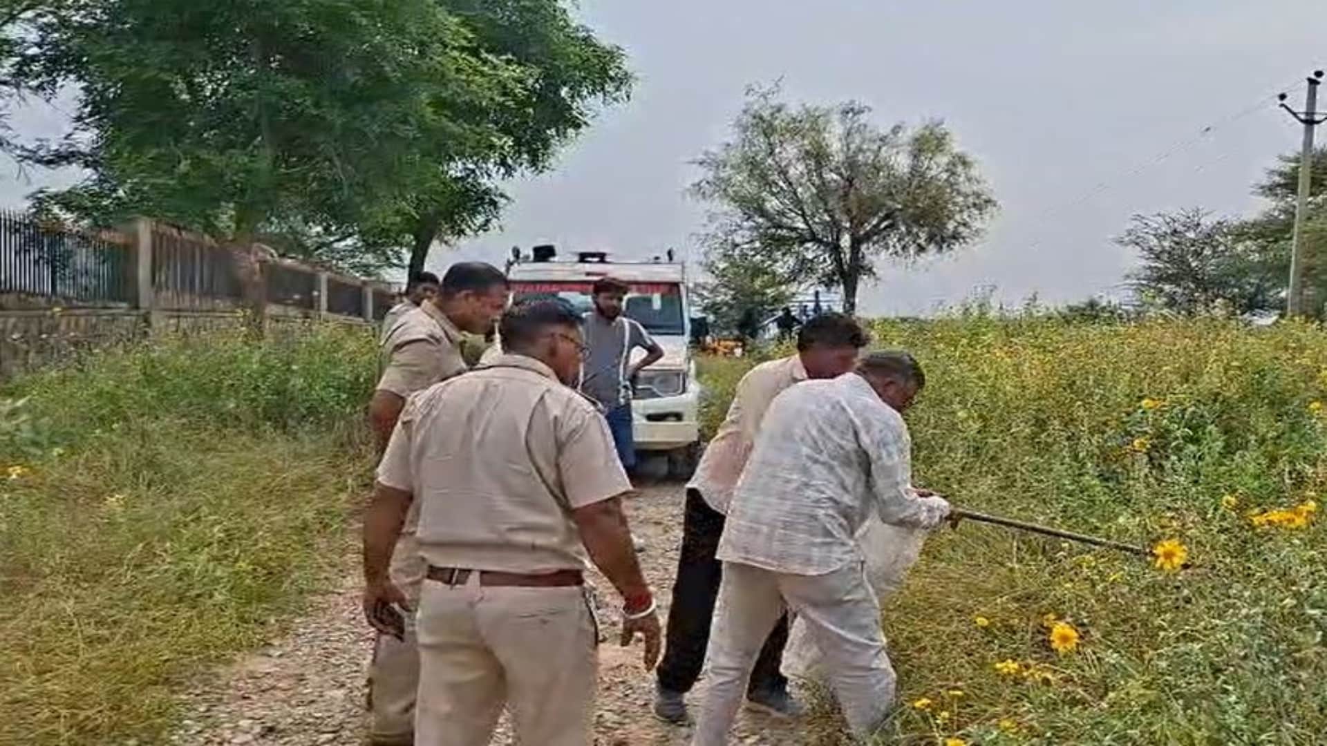 झाड़ियों से भ्रूण निकालते सफाईकर्मी