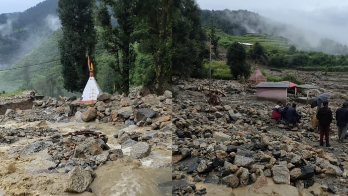 Cloud burst in Tehri Genwali Village debris stoppage of flow of Bhagirathi lake formed temples buried