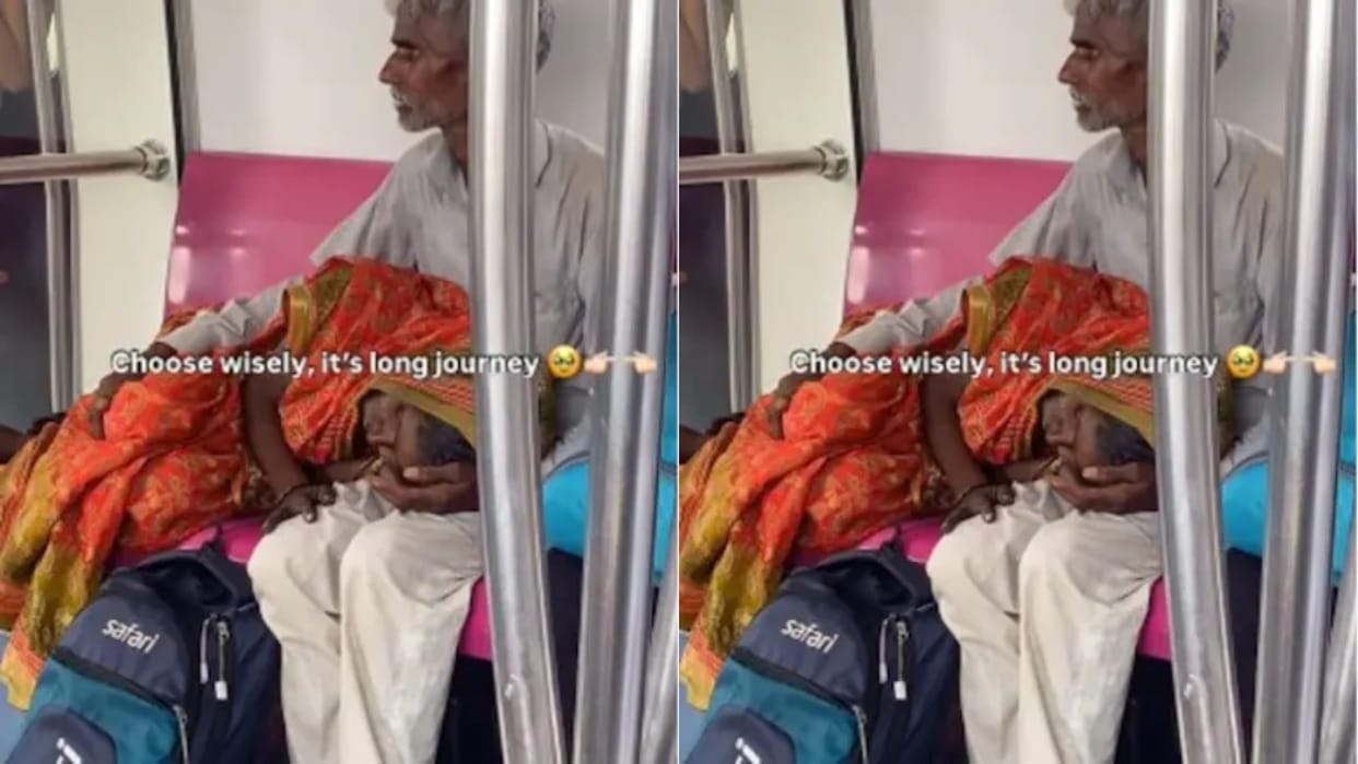 Elderly couple set an example of love wife was seen sleeping comfortably with her head on husbands lap